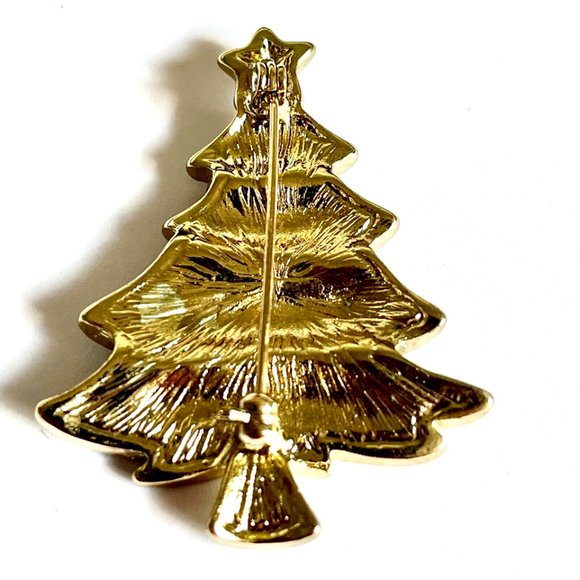 Vintage Christmas Tree Brooch Pin Green Enamel Glitter Gold Tone Plated - Picture 8 of 13
